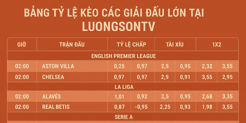 Bảng tỷ lệ kèo các giải đấu lớn tại LuongSonTV