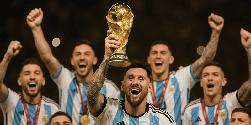 Khoảnh khắc Messi nâng cao cúp World Cup 2022.